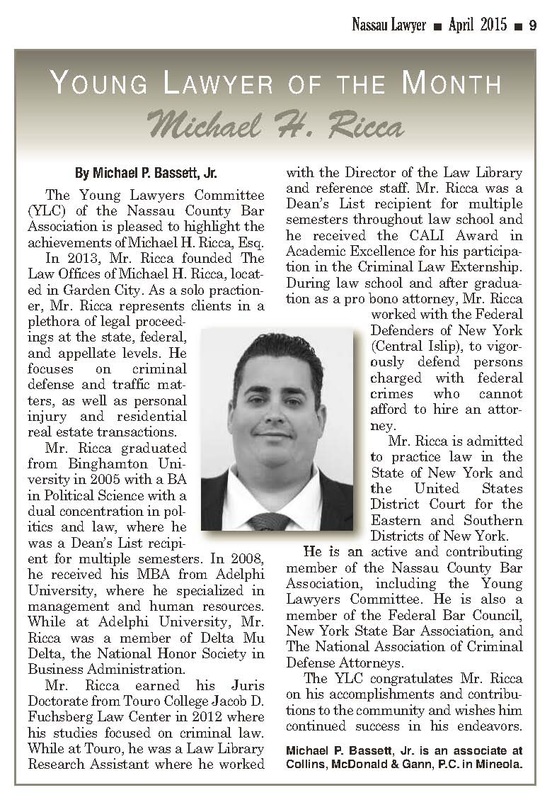 Nassau Bar Young Lawyers Committee Names Michael H. Ricca Young Lawyer Of The Month